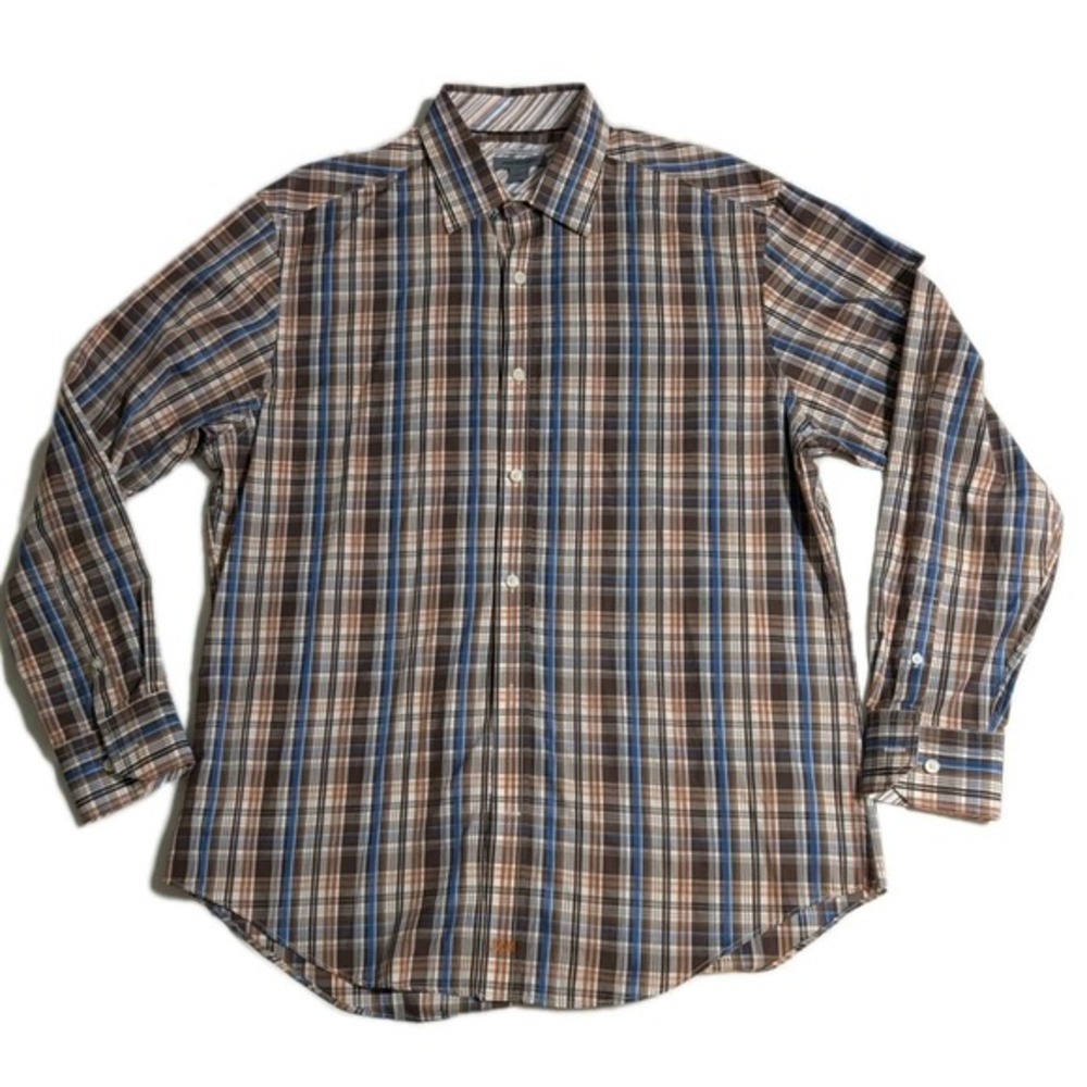 Johnston & Murphy Men's Tailored Fit Plaid Shirt Large Brown Blue Orange EUC